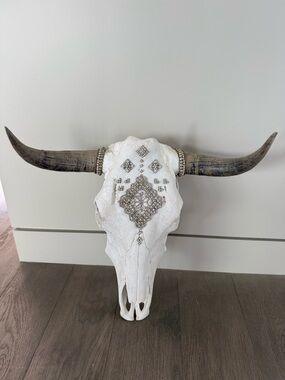 Decorative Buffalo Skull with Horns - White and grey